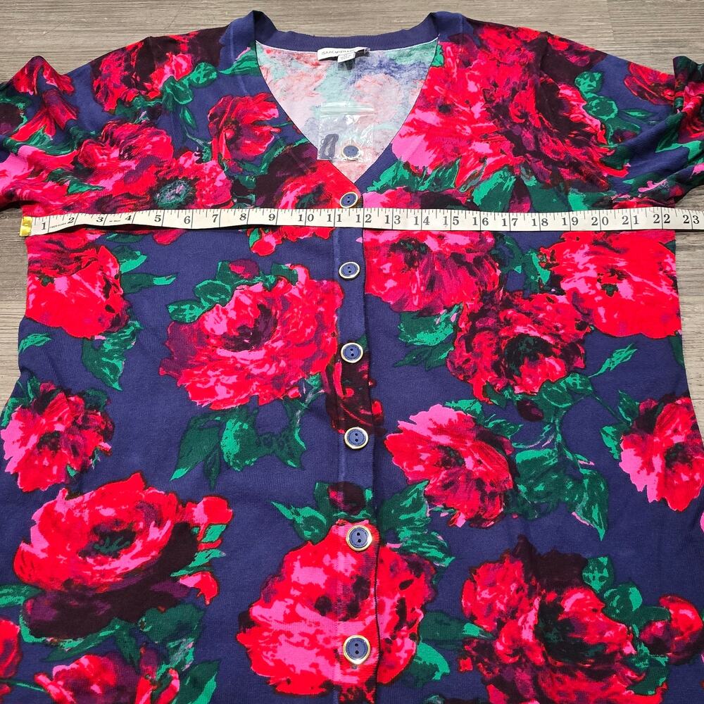 Isaac Mizrahi Live! Red & Blue Floral Print V Neck Button Front Cardigan Sweater - Picture 5 of 7